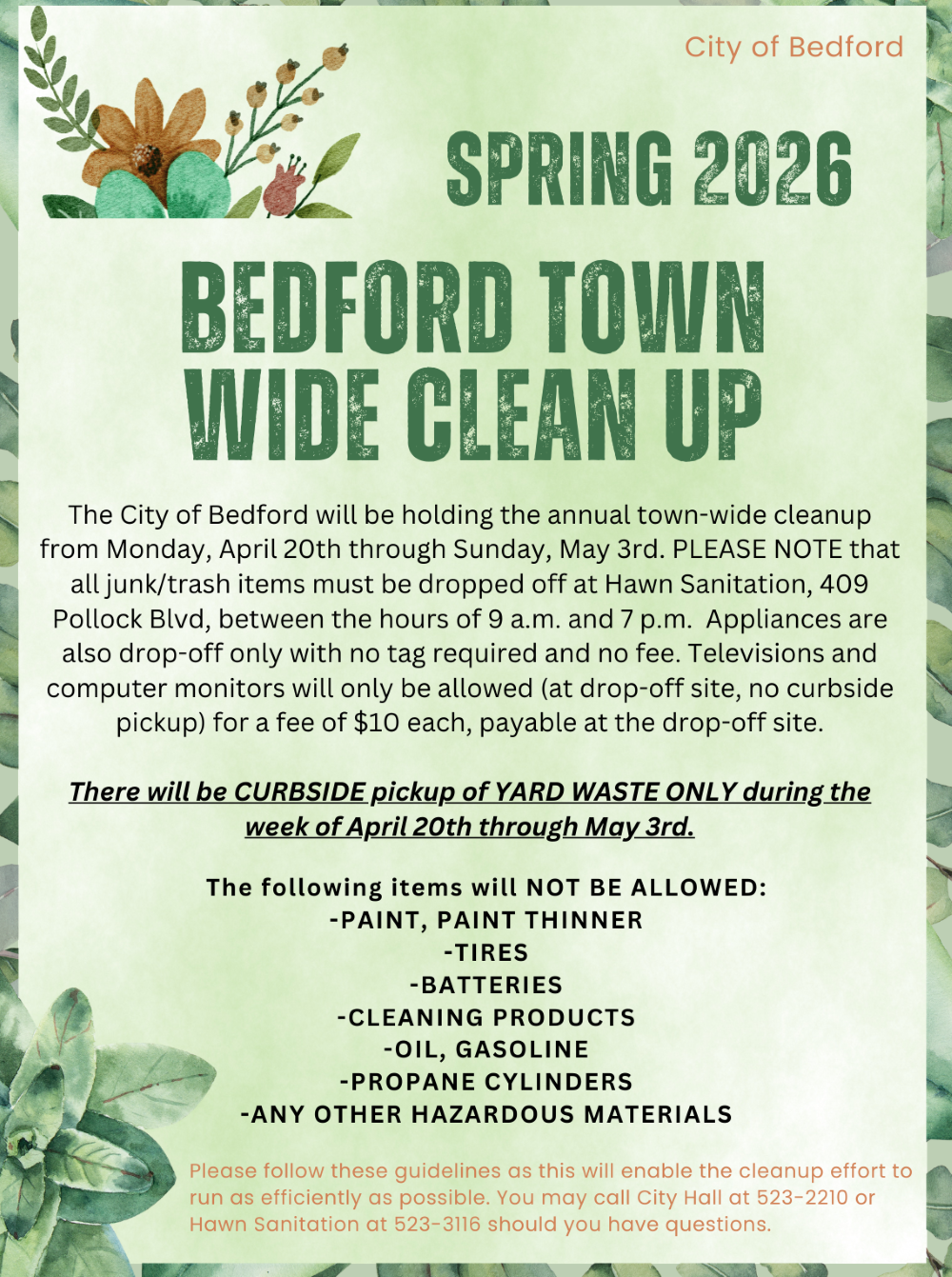 2026 Bedford Town Wide Clean Up – April 20th – May 3rd