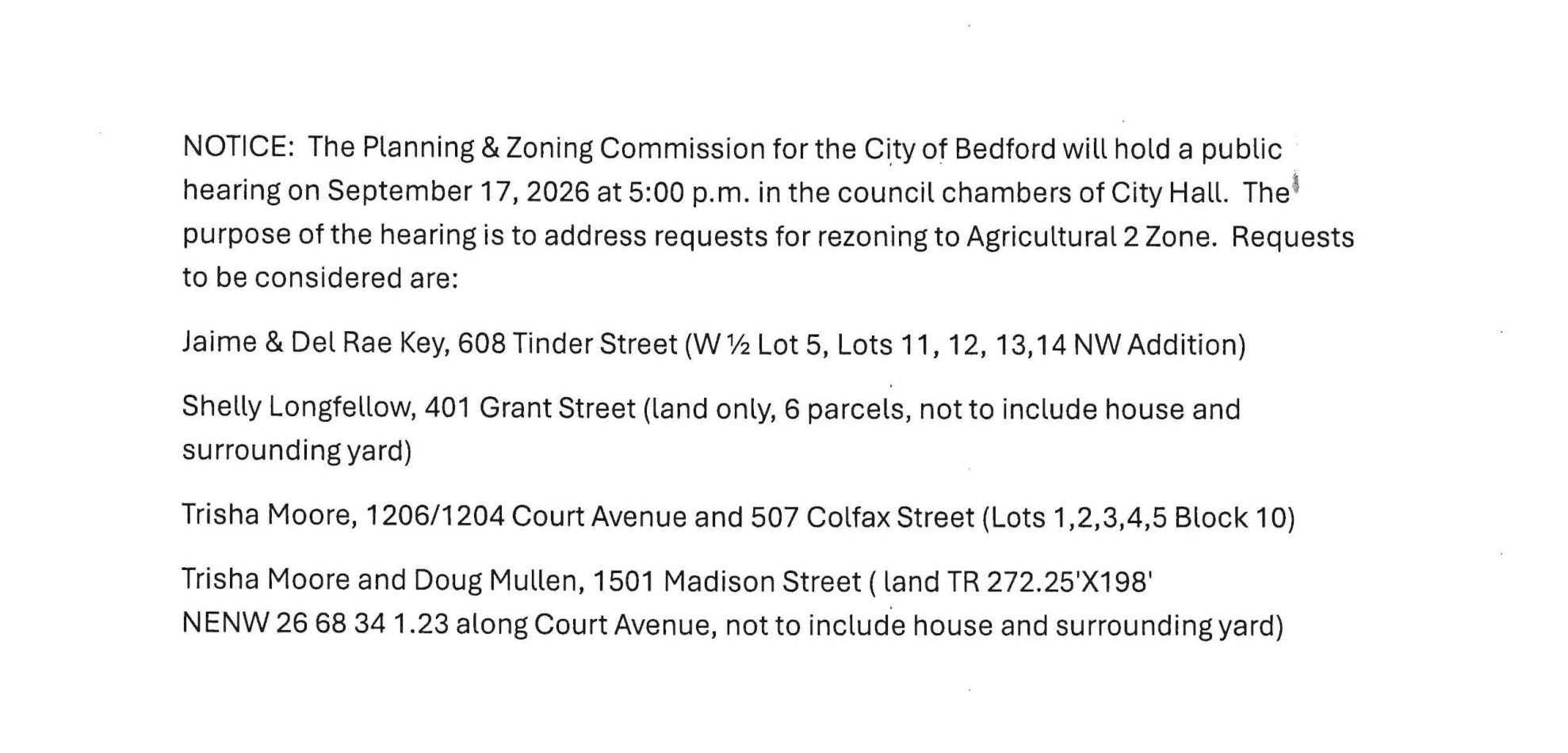 Planning & Zoning Meeting 9/17 @ 5:00 PM