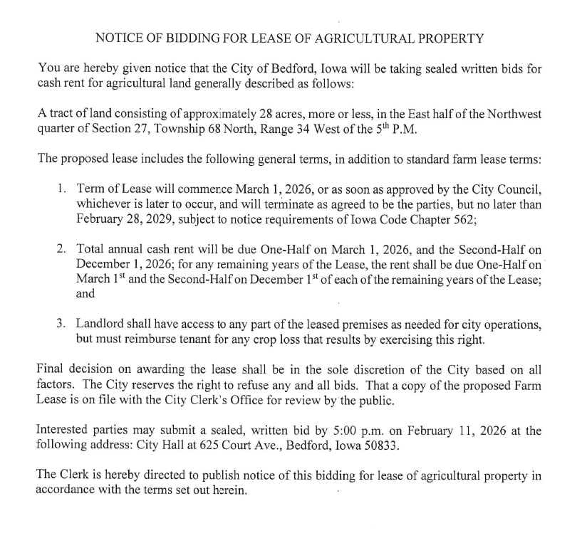 Notice of Bidding for Lease of Agricultural Property