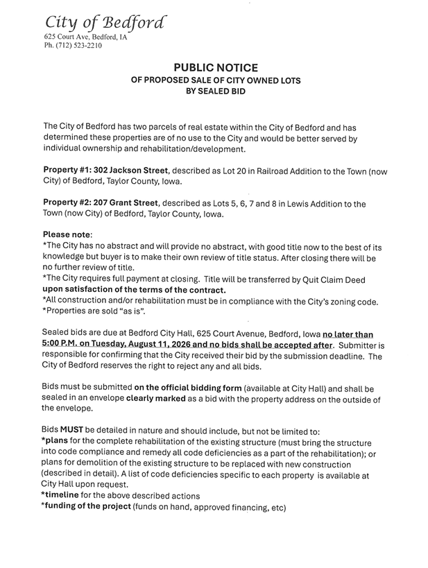 Public Notice of Proposed Sale of City Owned Lots